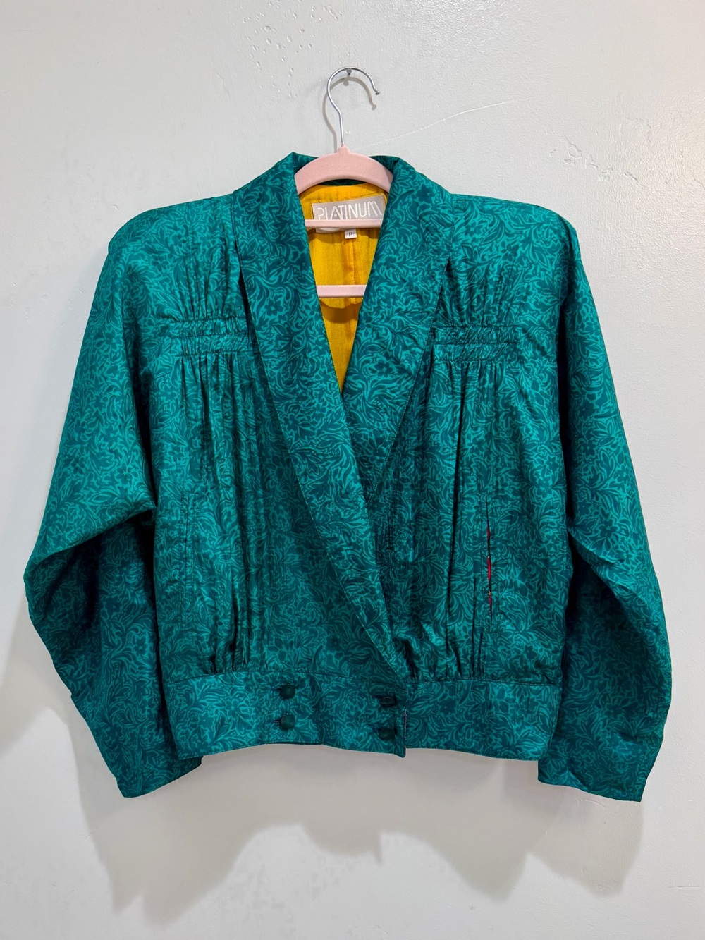 Vintage 80s Platinum by Dorothy Schoelen 100% Silk Teal Jacquard Crop Jacket S - Picture 2 of 14